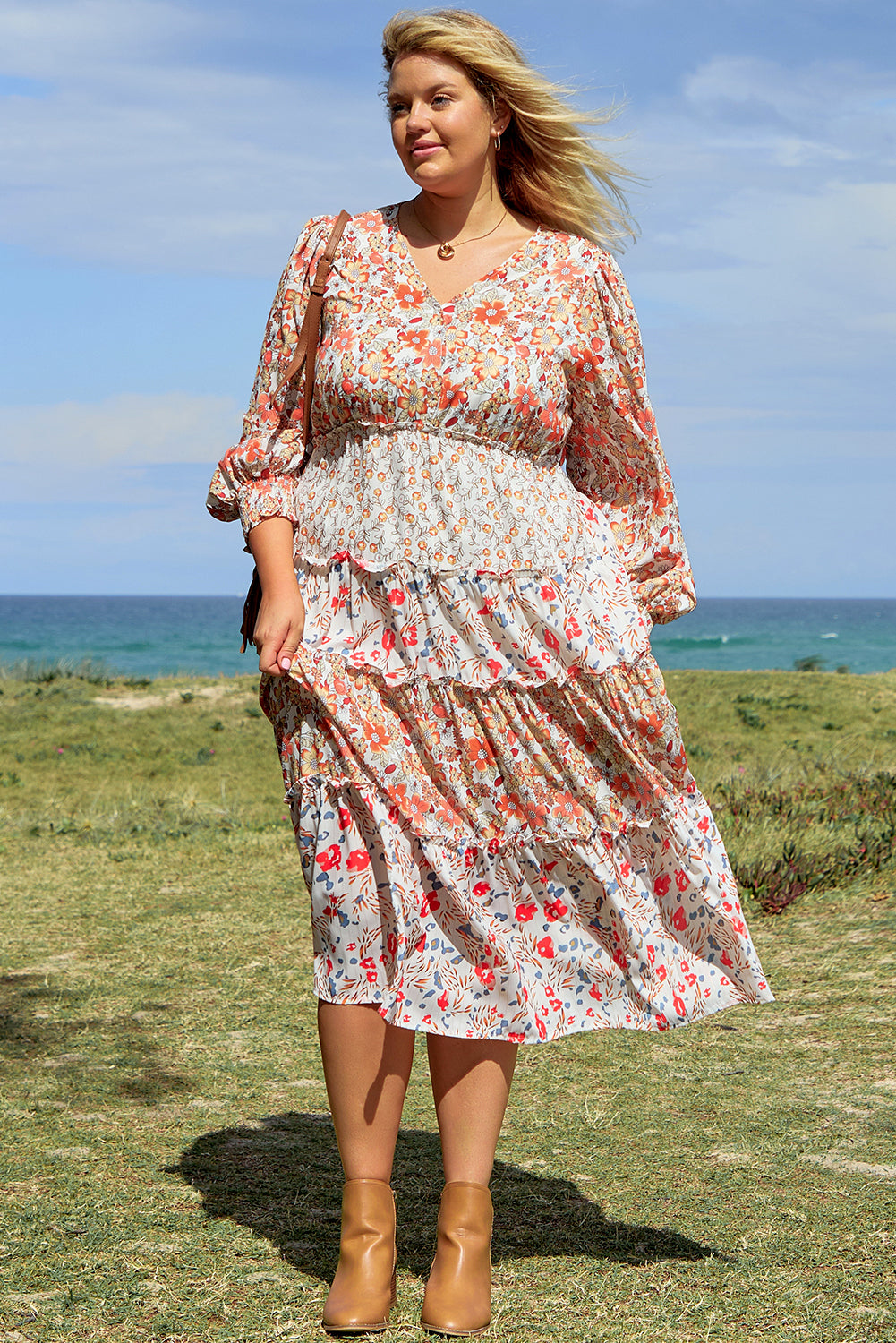 Khaki Floral Tiered Ruffle Maxi Dress