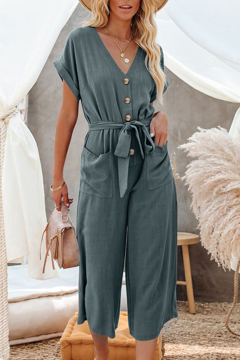 Blue Wide Leg Pocketed Jumpsuit