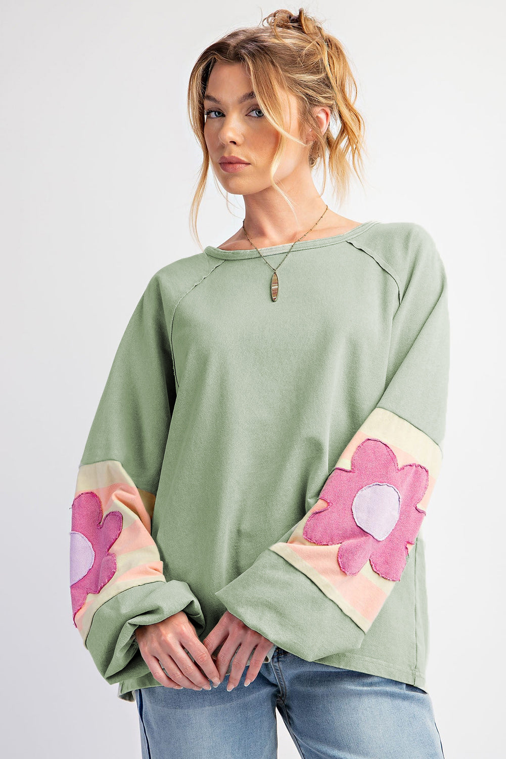 Smoke Green Flower Oversized Top