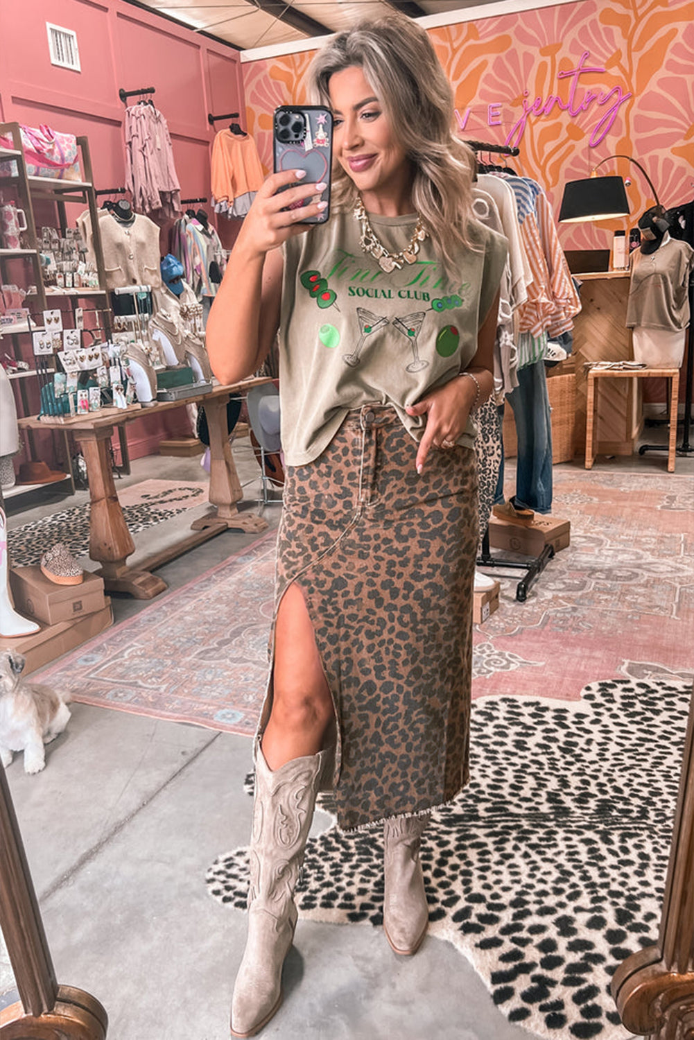 Brown Leopard Denim Midi Skirt