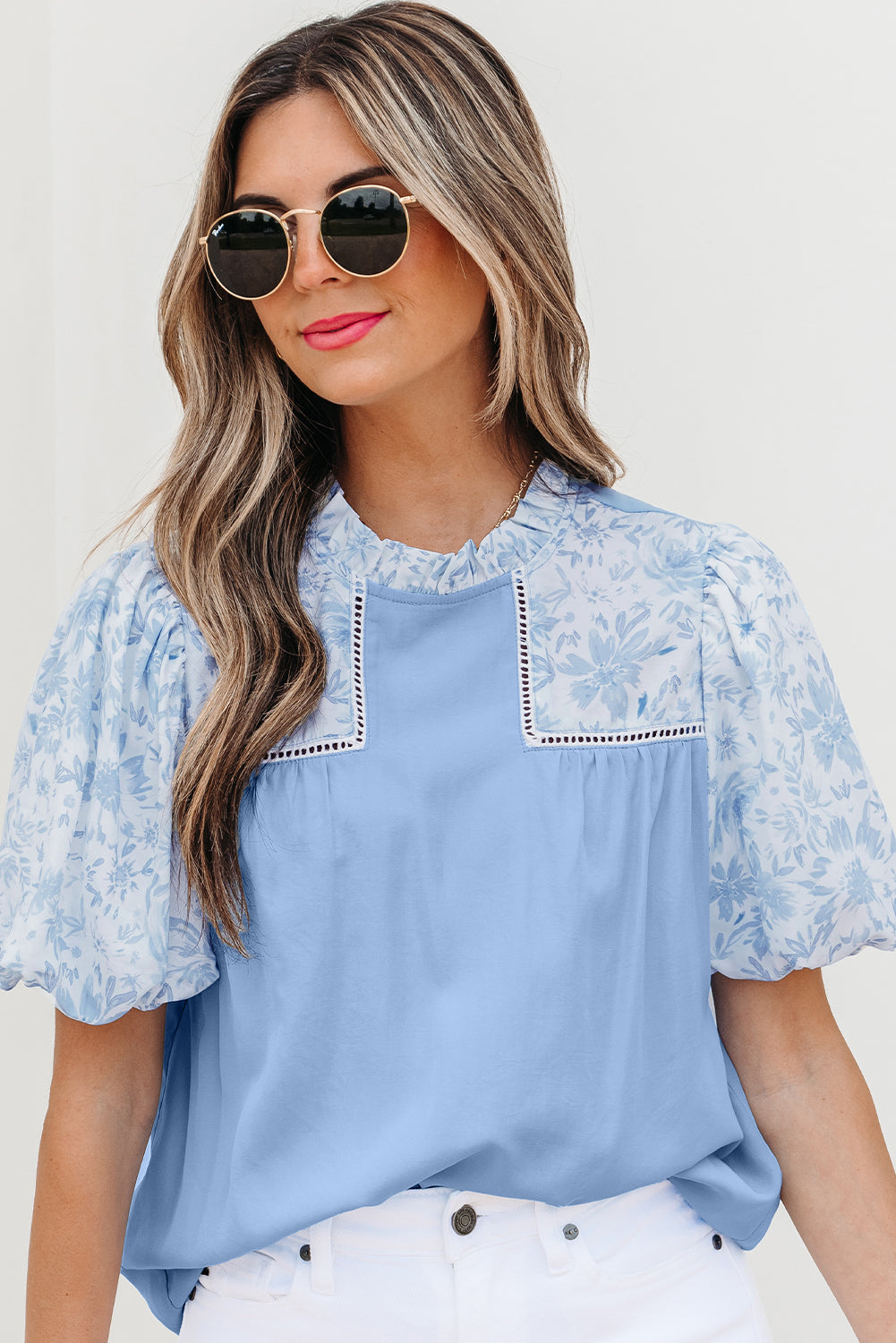 Blue Lace Floral Puff Blouse