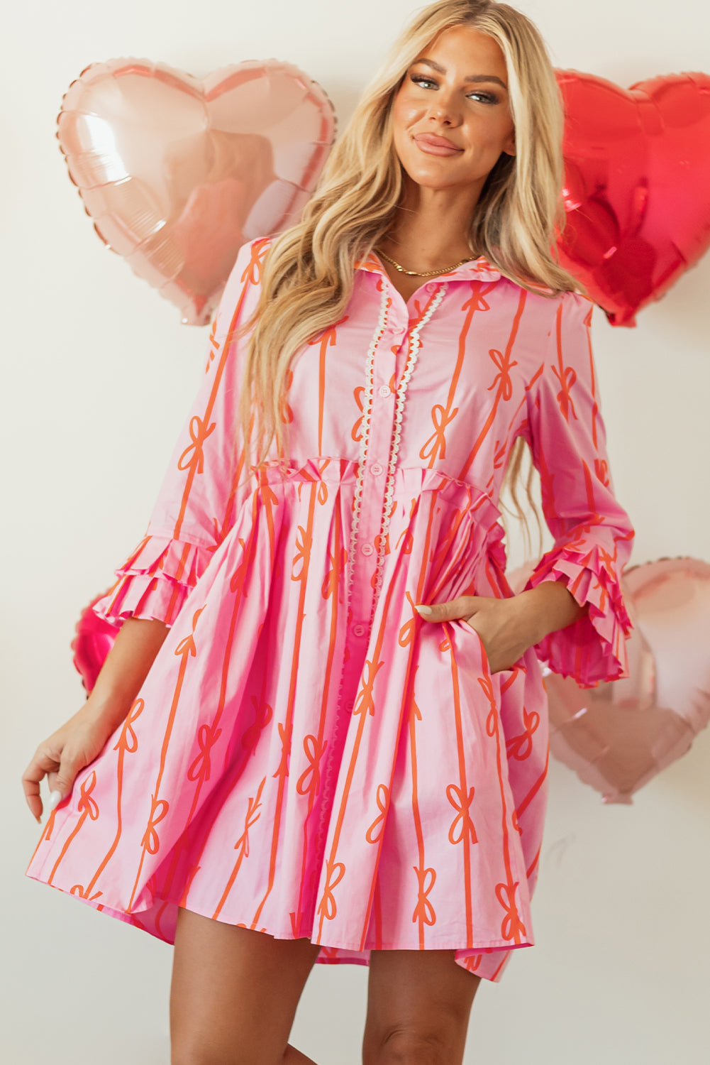 Pink Bowknot Mini Shirt Dress