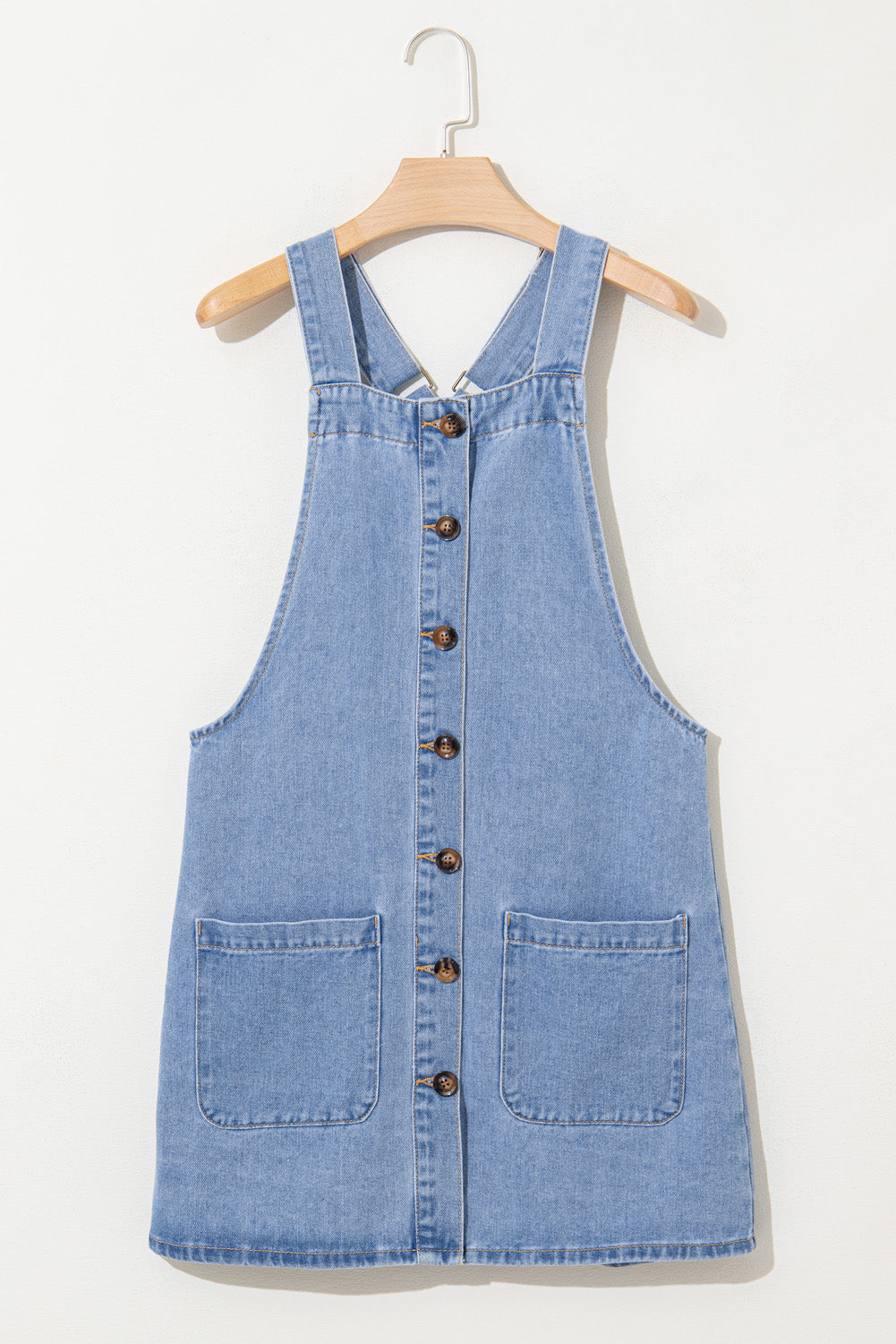 Blue Wide Strap Button Front Pocketed Denim Mini Dress