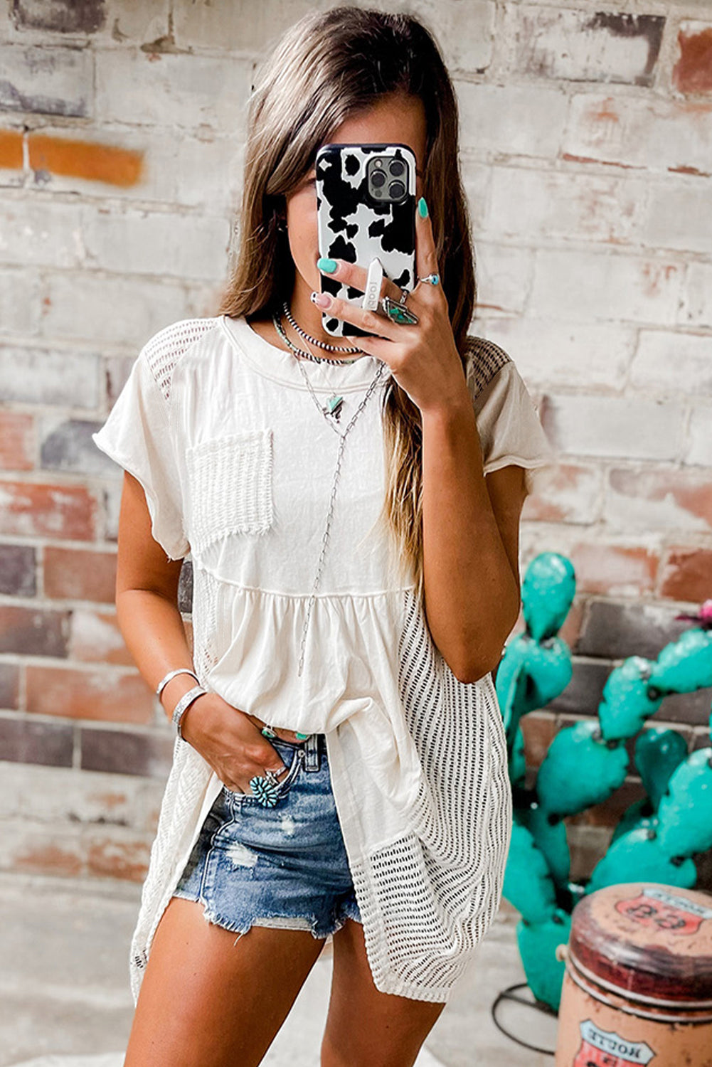 White Hollow Knit Tunic Top