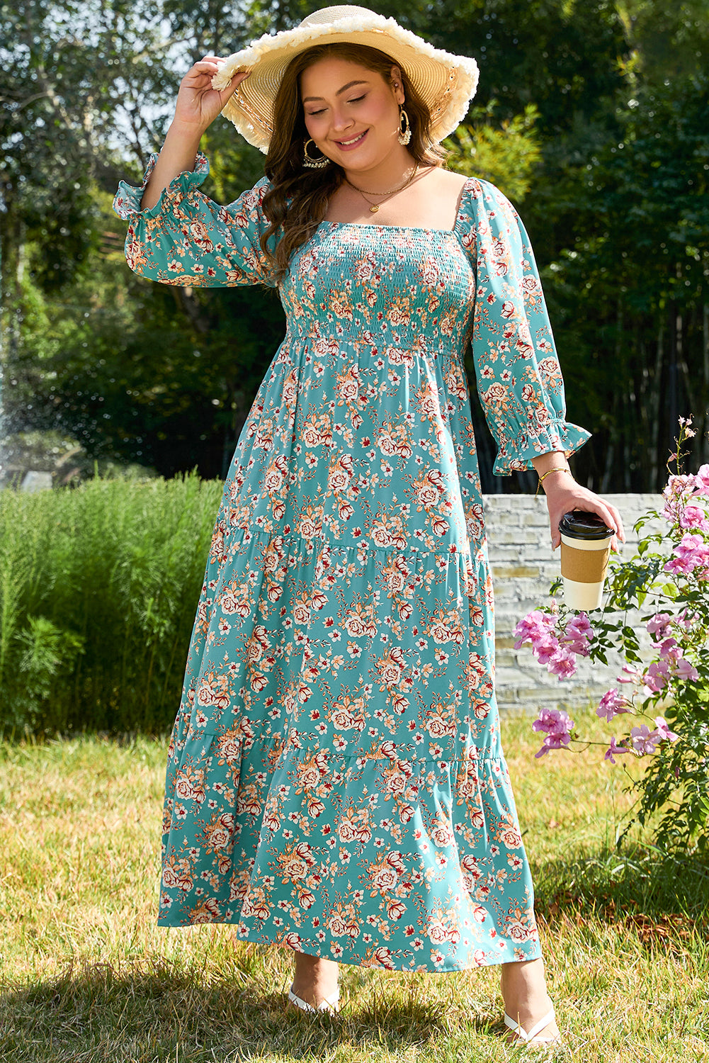 Green Floral Print Square Neck Maxi Dress