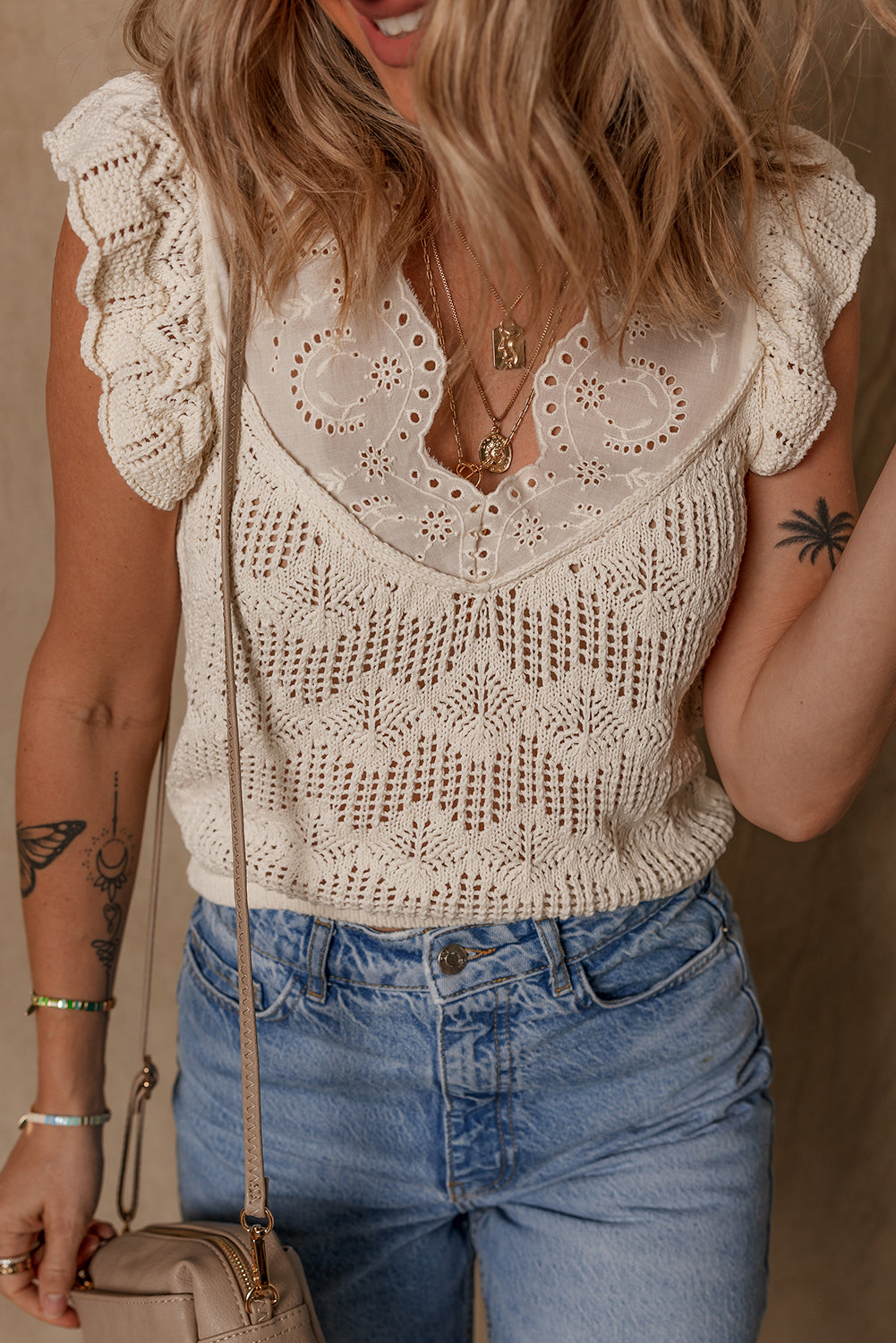 Beige Embroidered Patchwork Sweater Vest