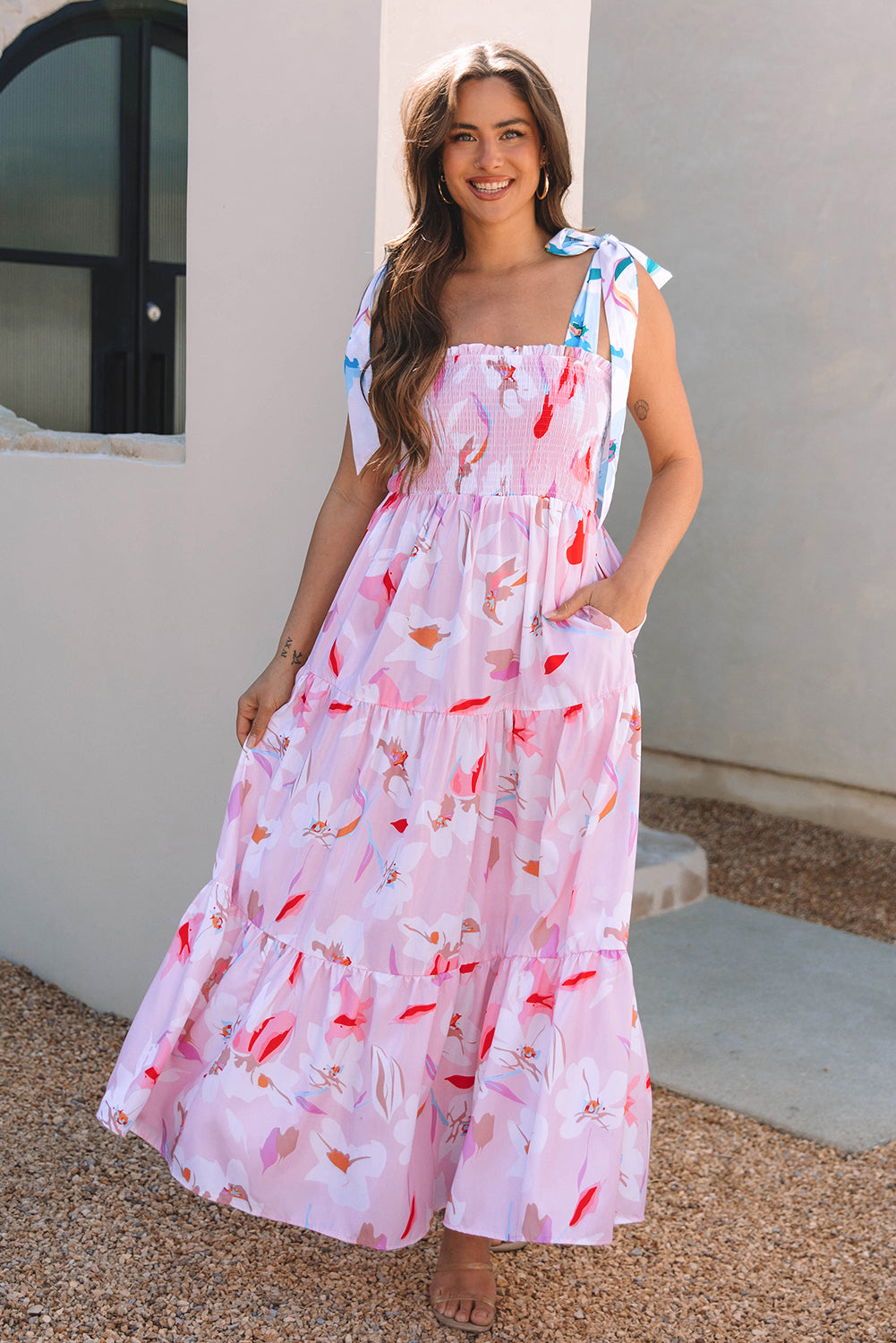 Pink Floral Print Maxi Dress