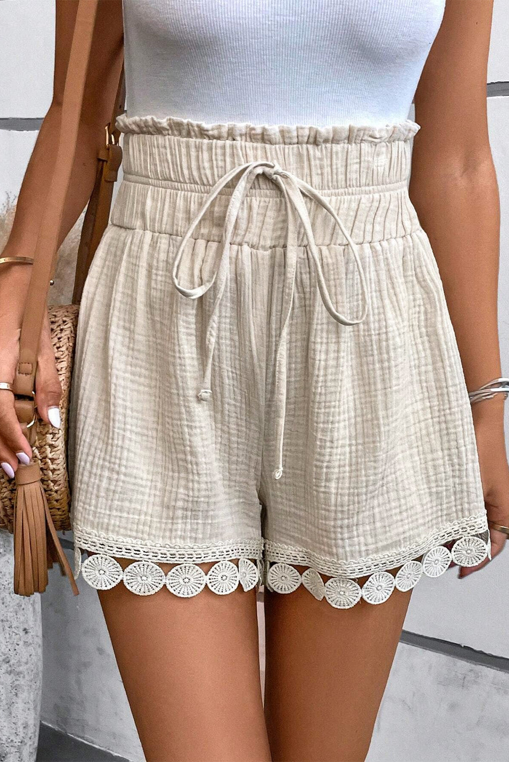 Apricot Textured Lace Hem Shorts