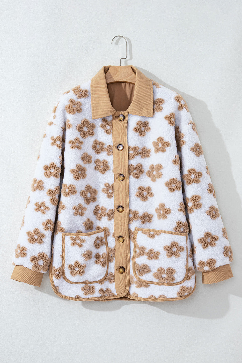 Beige Flower Button Up Fleece Jacket