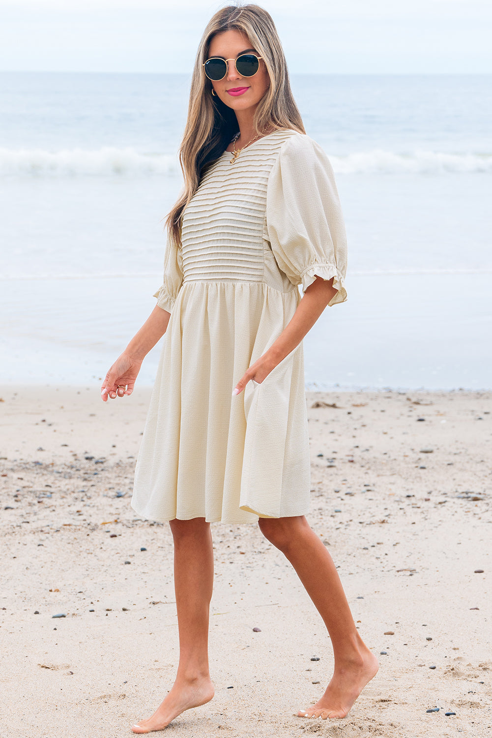 White Textured Ruffled Dress