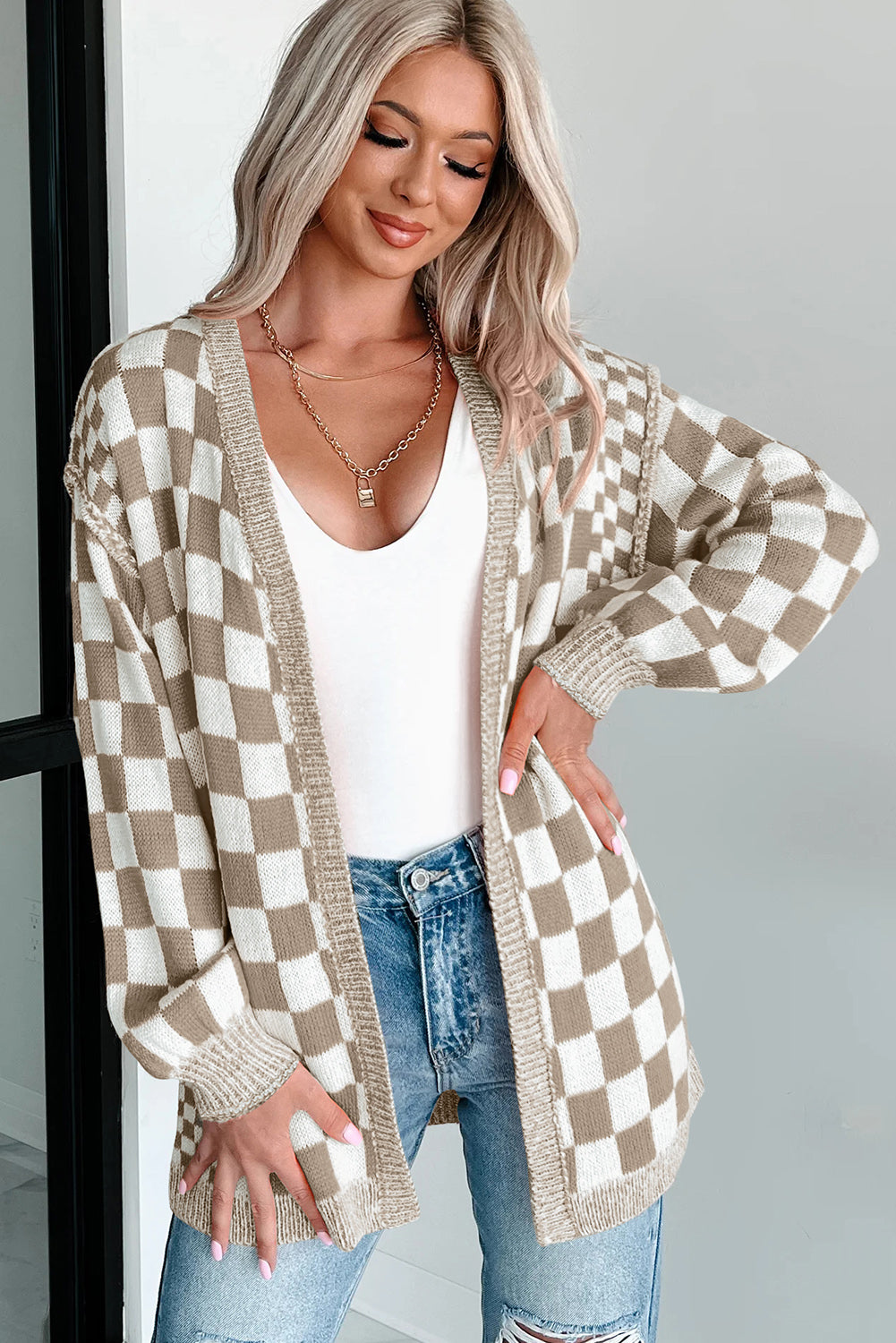 Brown Checkered Cardigan