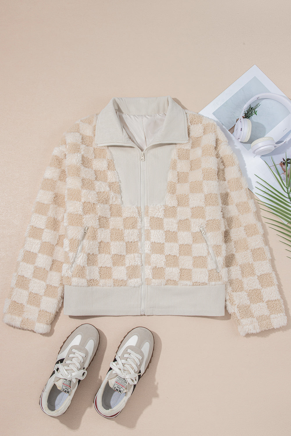 Khaki Checker Sherpa Jacket