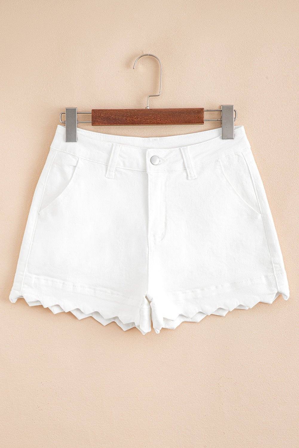 White Scalloped High Waist Denim Shorts