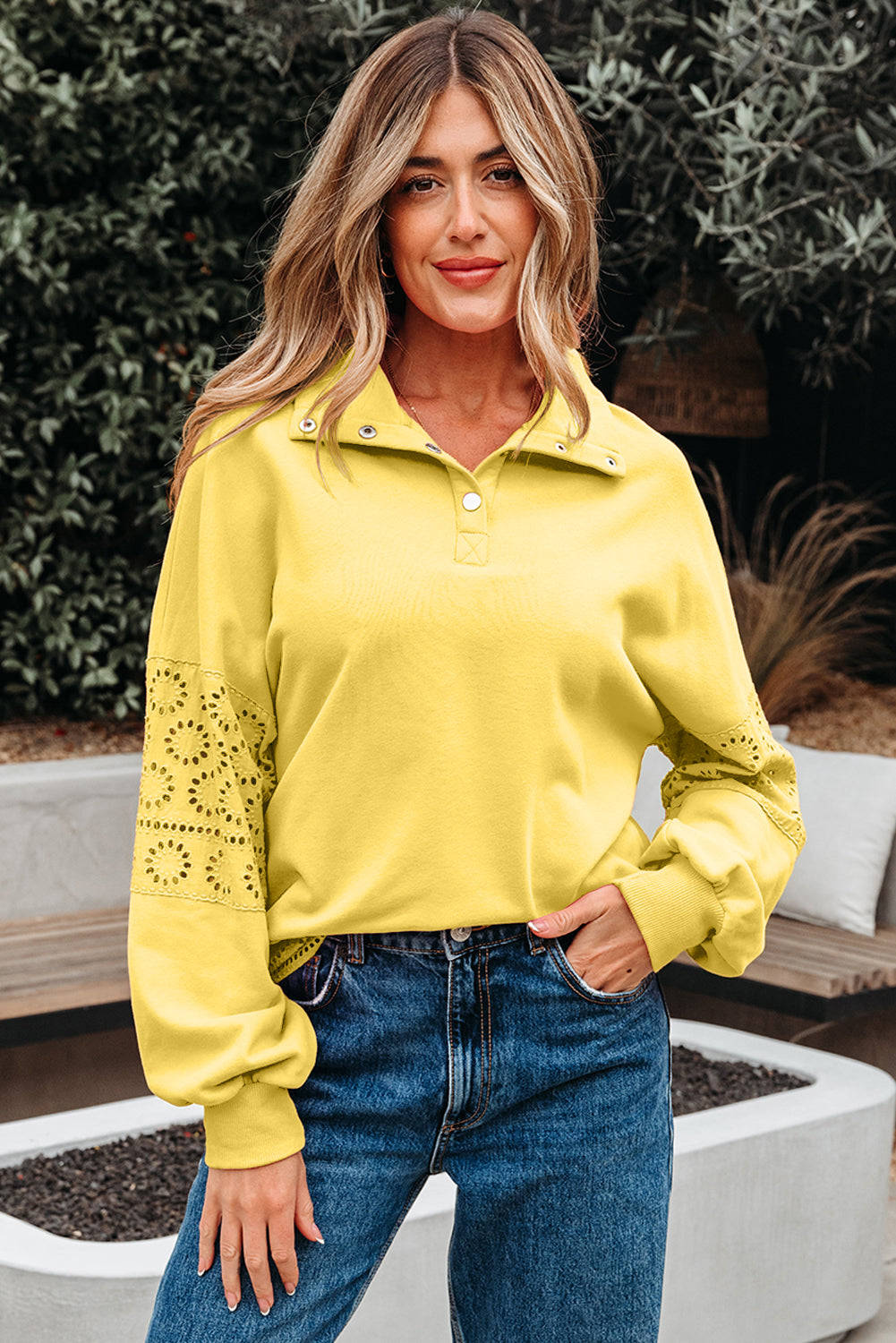 Yellow Cream Embroidered Flower Sweatshirt