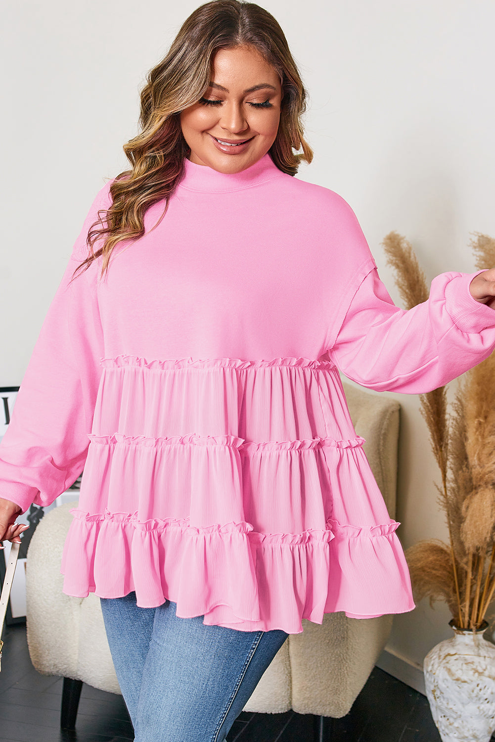 Pink Tiered Ruffle Pullover