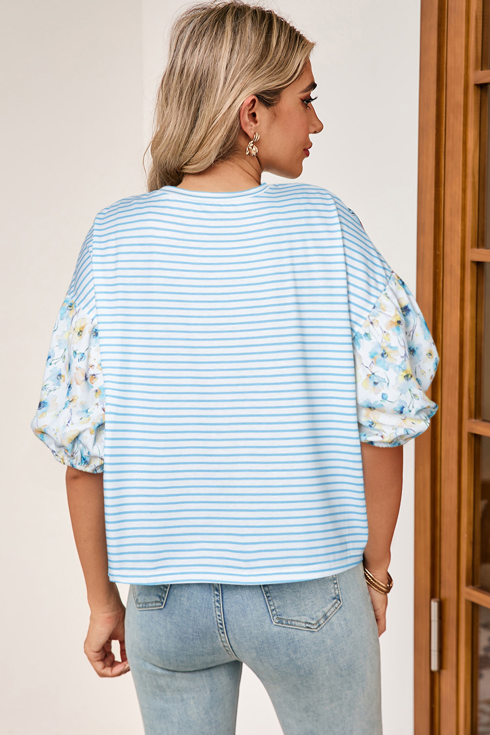 Sky Blue Stripe 3/4 Floral Puff Top
