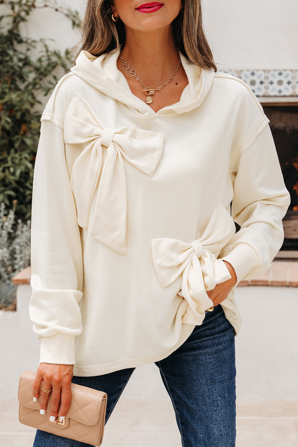 White Bow Detail Loose Hoodie