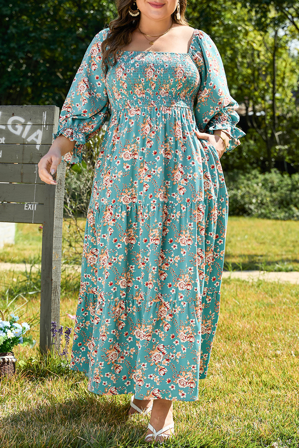 Green Floral Print Square Neck Maxi Dress
