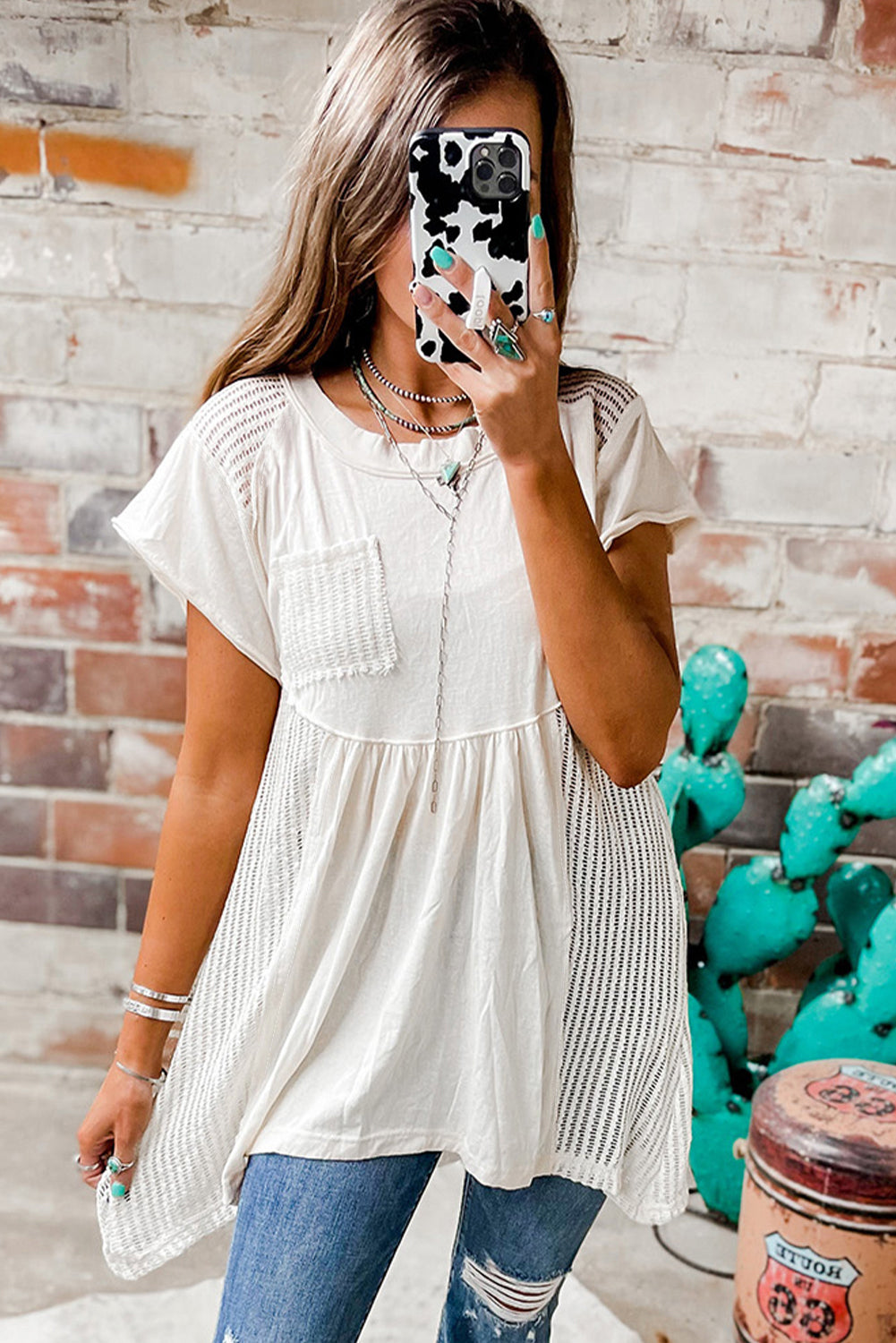White Hollow Knit Tunic Top