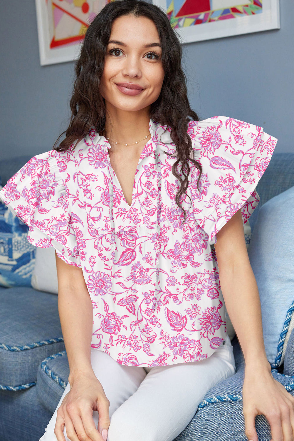 Pink Floral Ruffle Blouse
