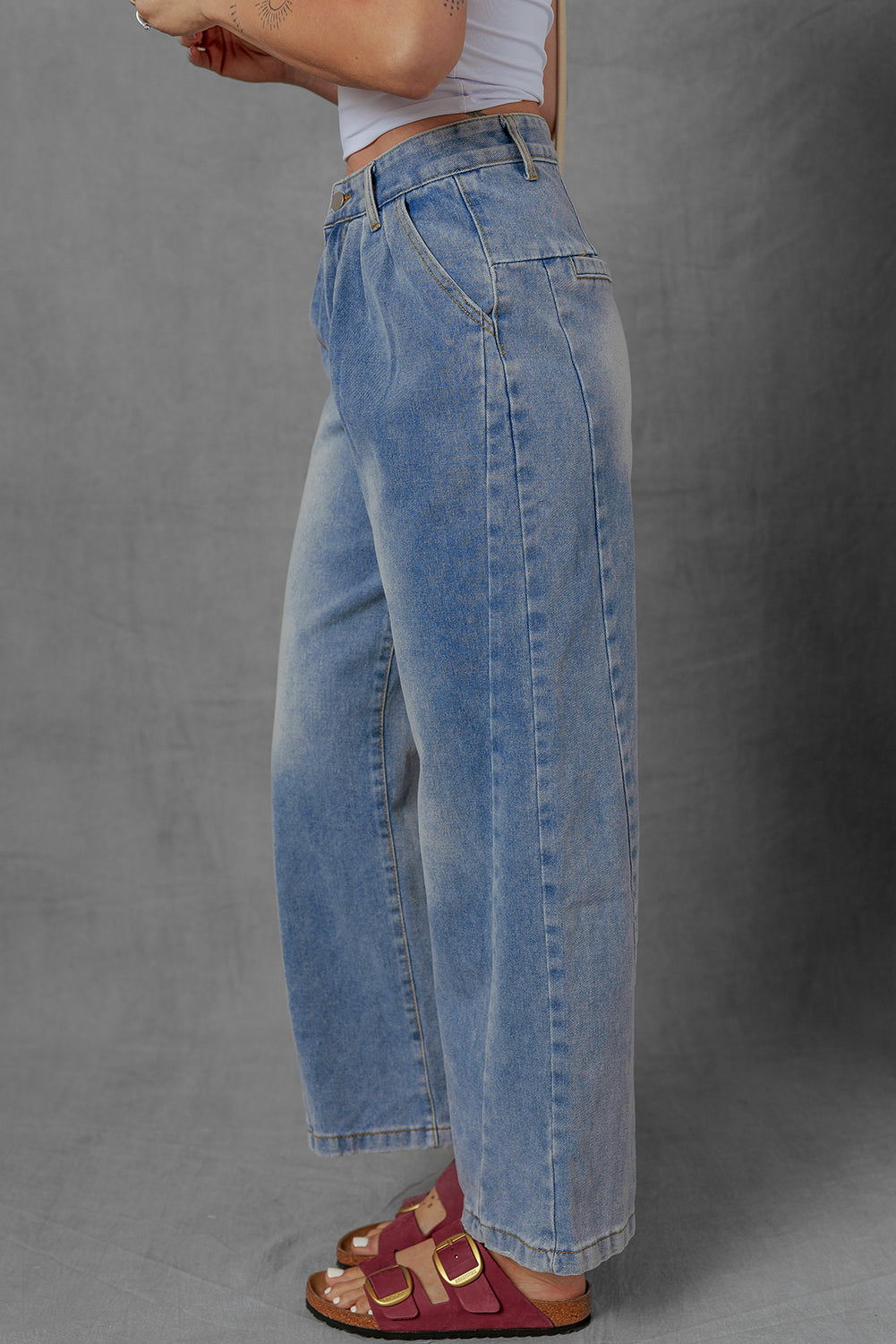 Blue Washed Pleated Wide Leg Jeans