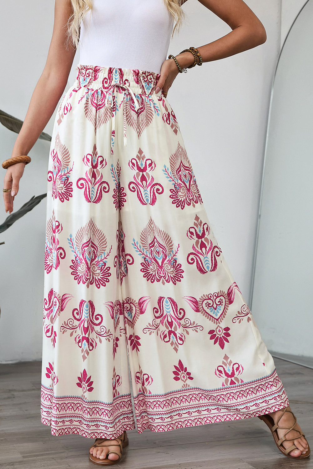 Rose Boho Printed Wide Leg Pants