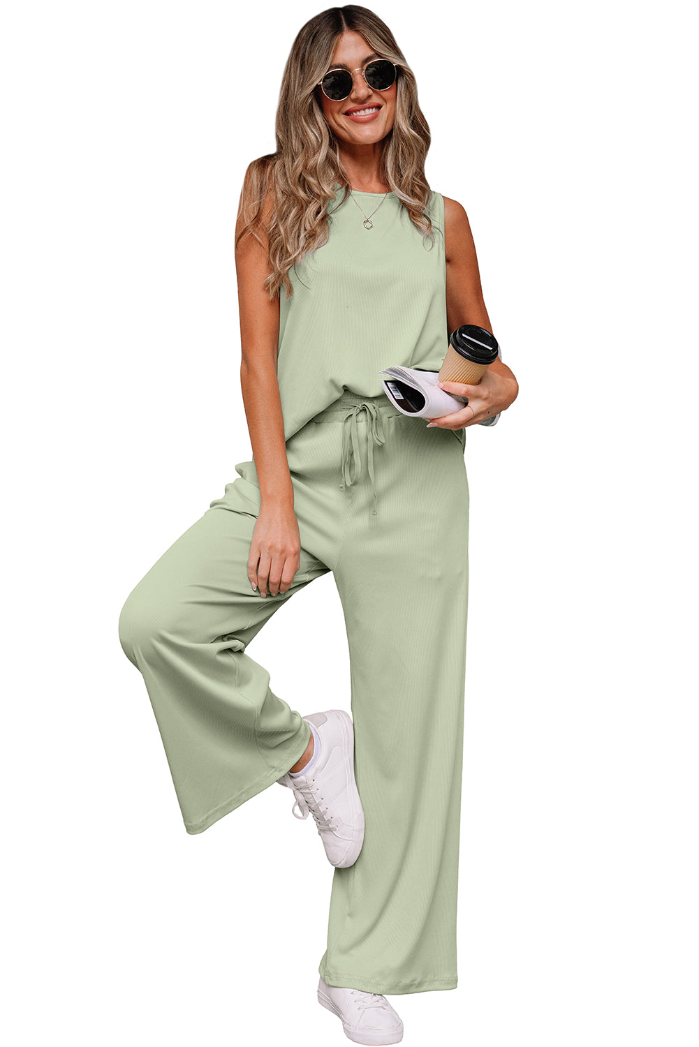 Smoke Green Tank Top and High Waist Pants Set