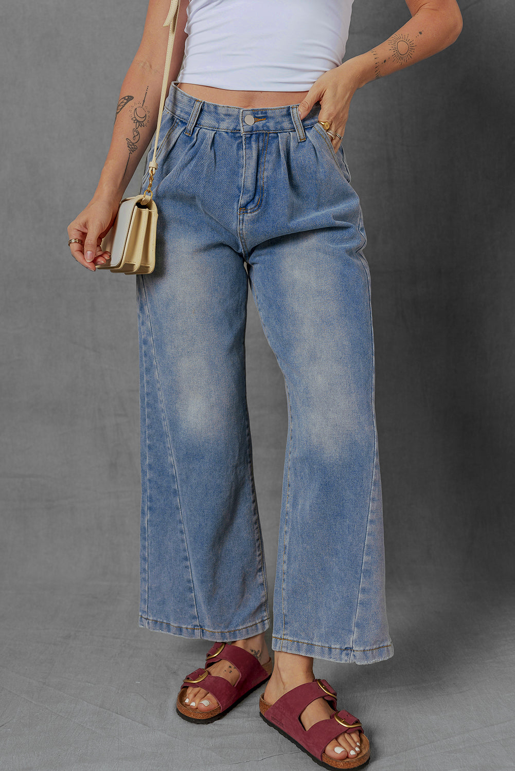 Blue Washed Pleated Wide Leg Jeans