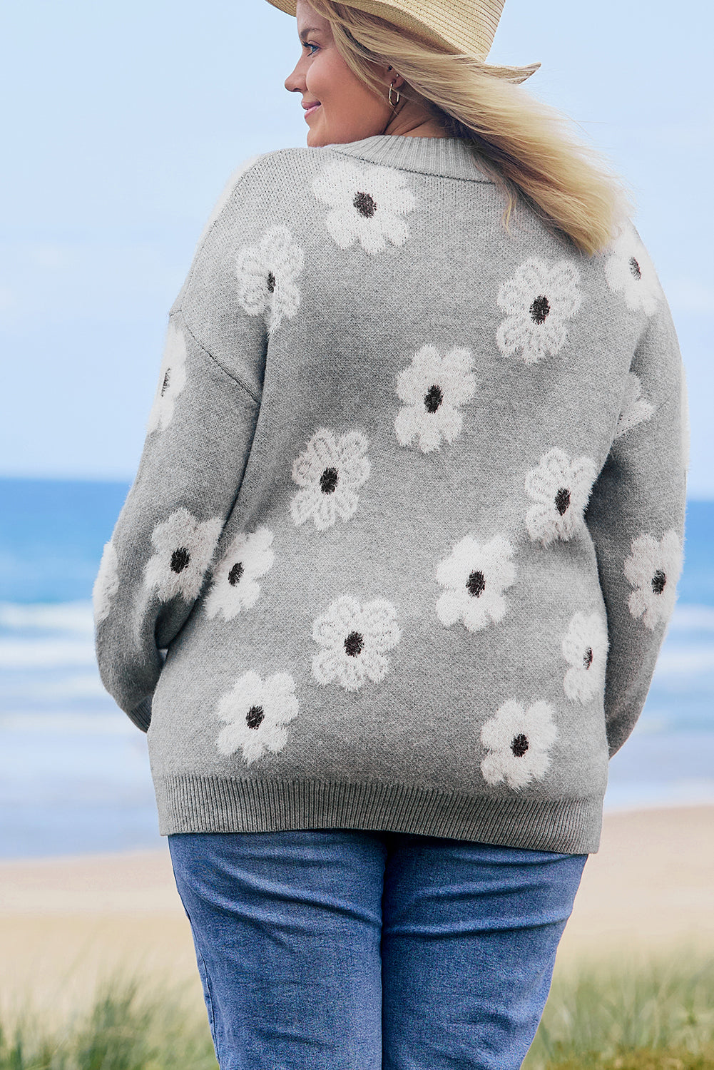 Gray Embroidered Floral Half Zip Sweater
