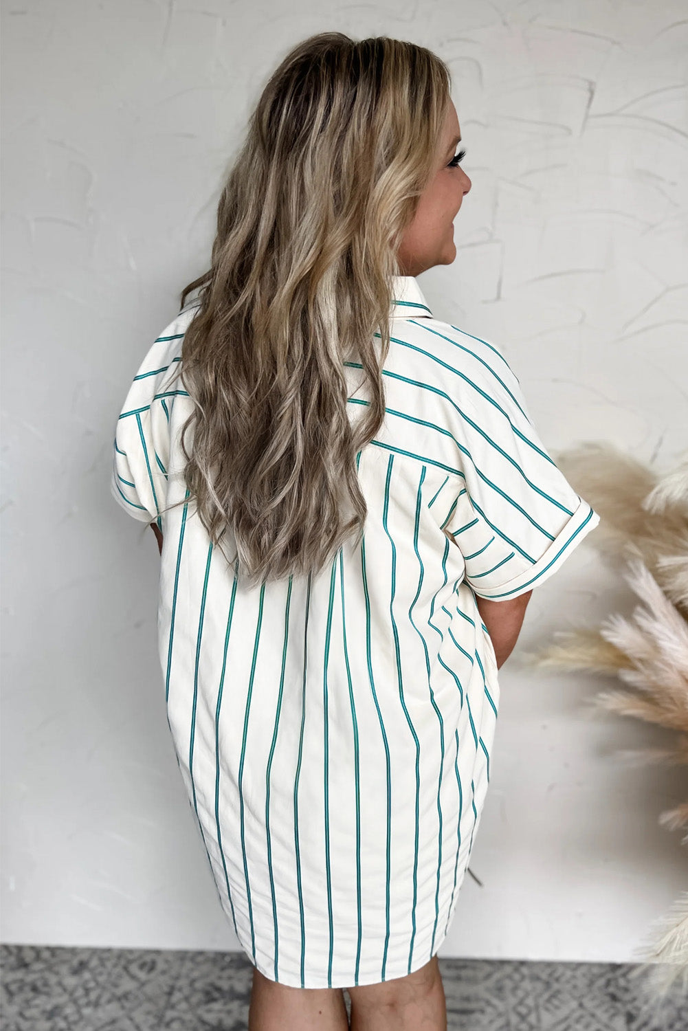 Green Stripe Buttoned Shirt Dress