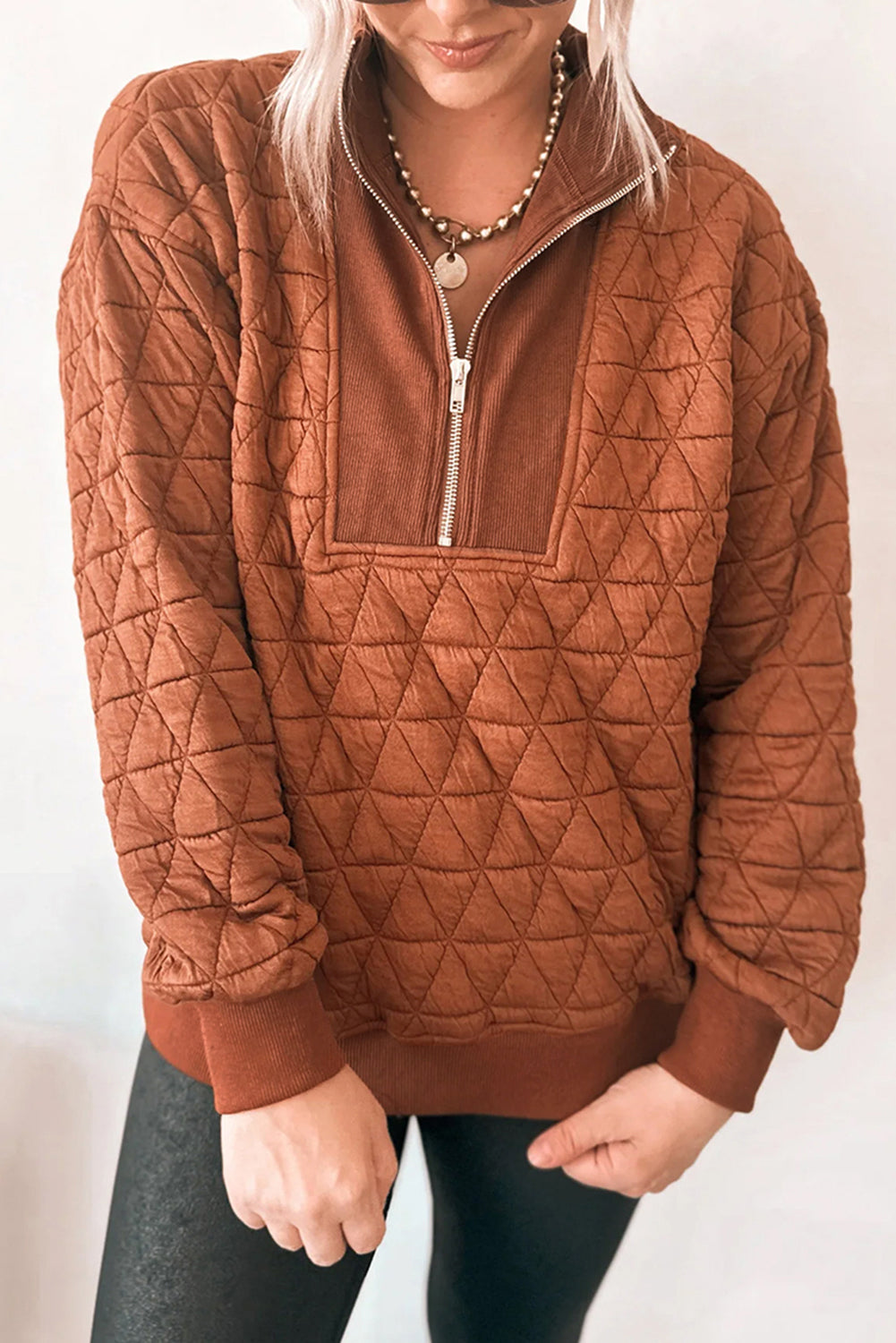 Quilted Half Zipped Loose Sweatshirt