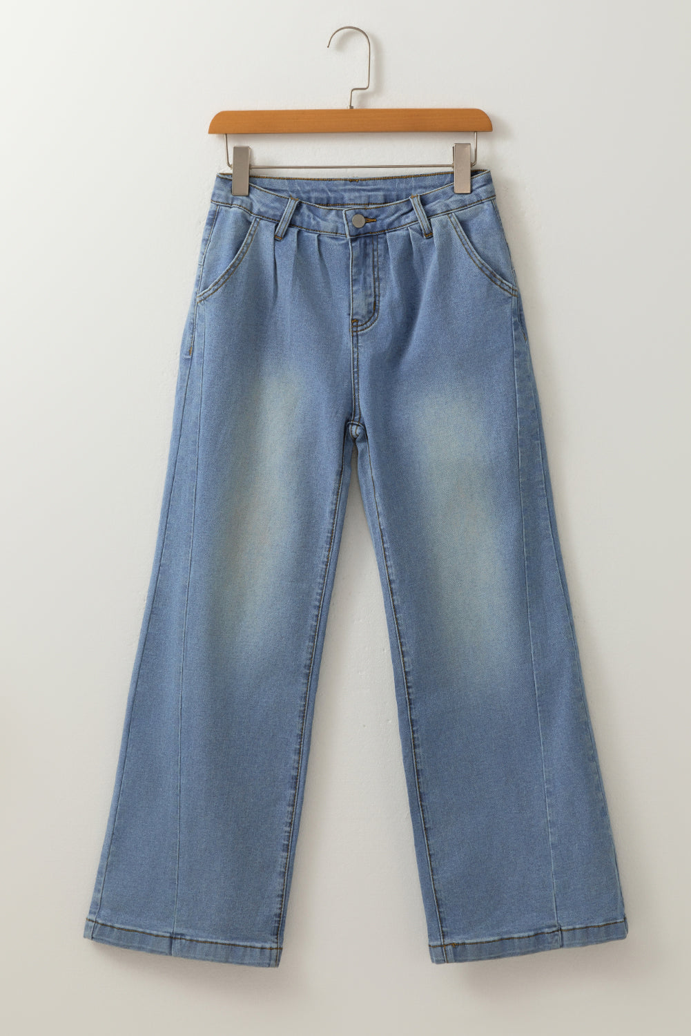 Blue Washed Pleated Wide Leg Jeans