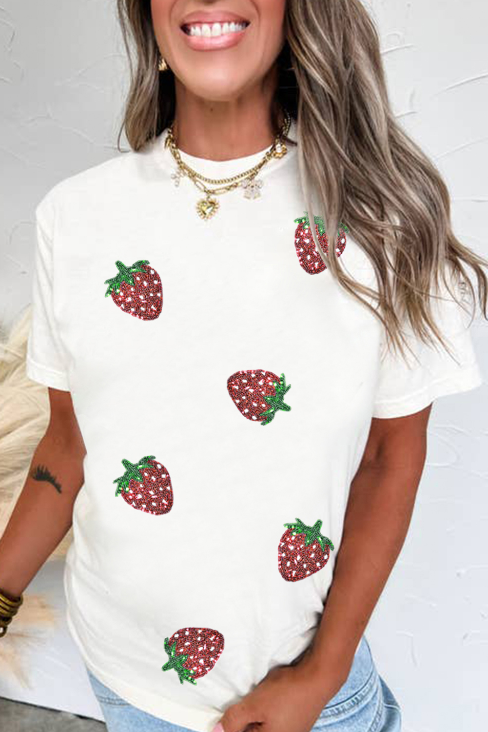 White Sequin Strawberry Tee