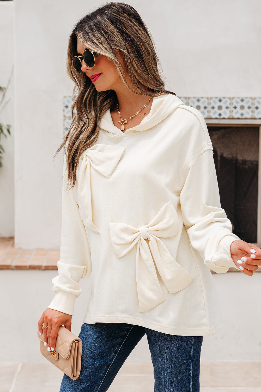 White Bow Detail Loose Hoodie
