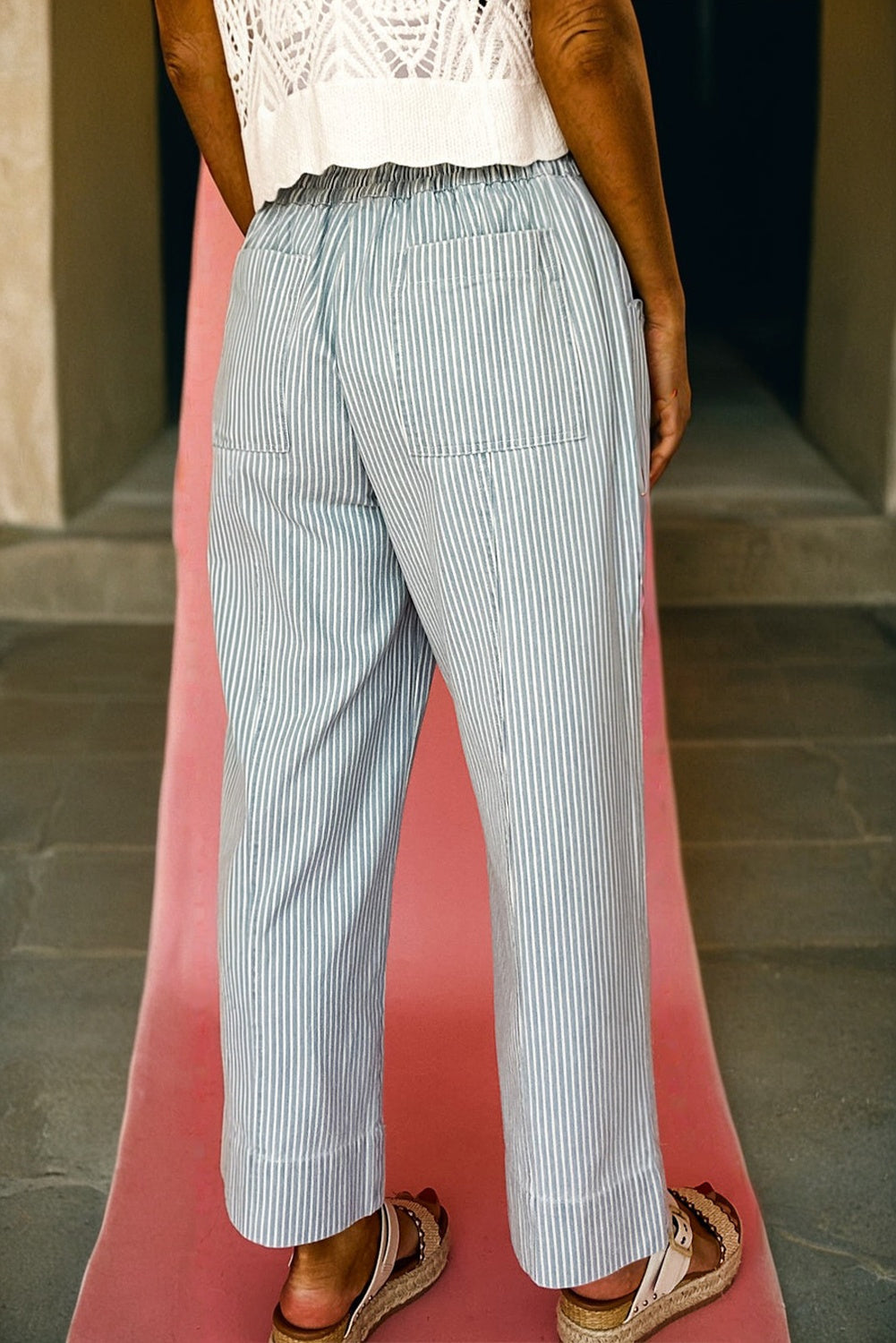 Blue Stripe Mid Rise Drawstring Jeans