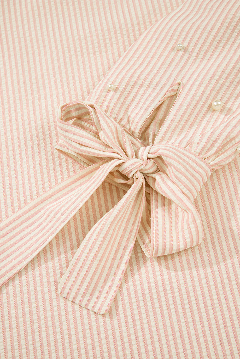 Pink Stripe Pearl Puff Sleeve Blouse