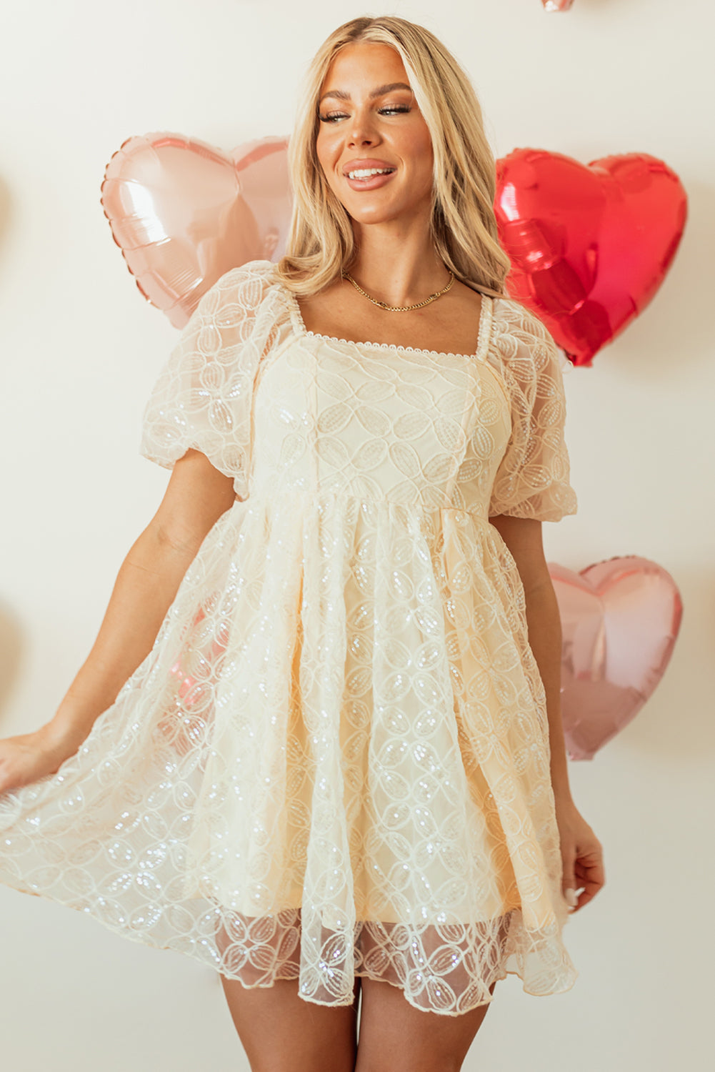 Apricot Sequined Lace Dress