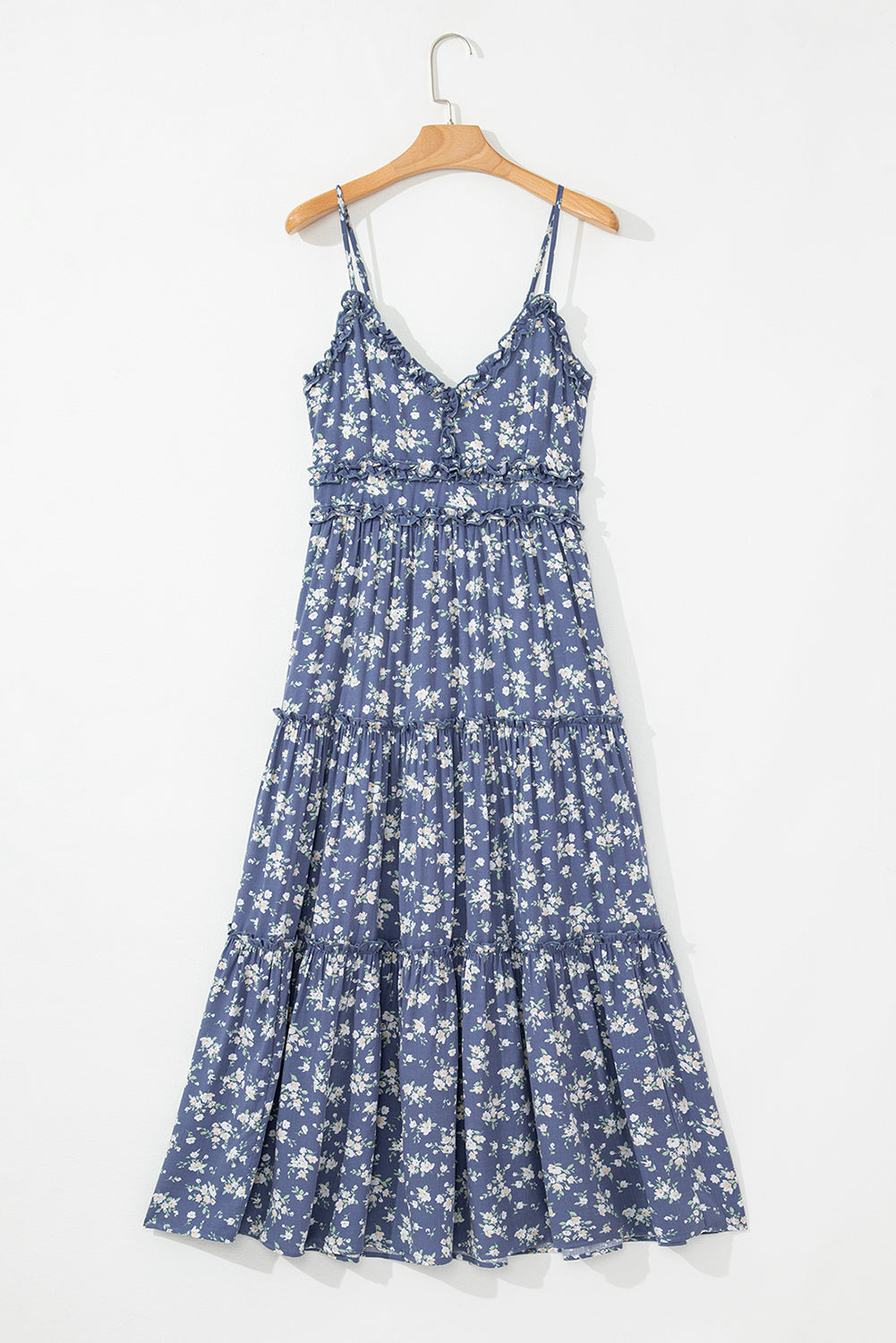 Blue Floral Spaghetti Strap Midi Dress