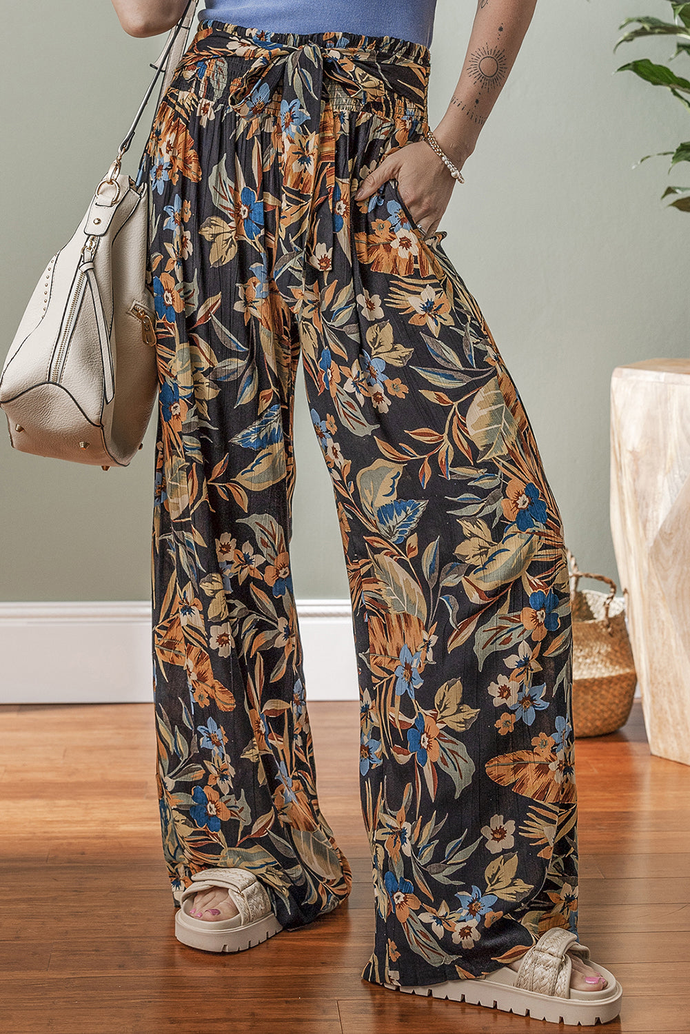 Multicolour Floral Wide Leg Pants with Tie