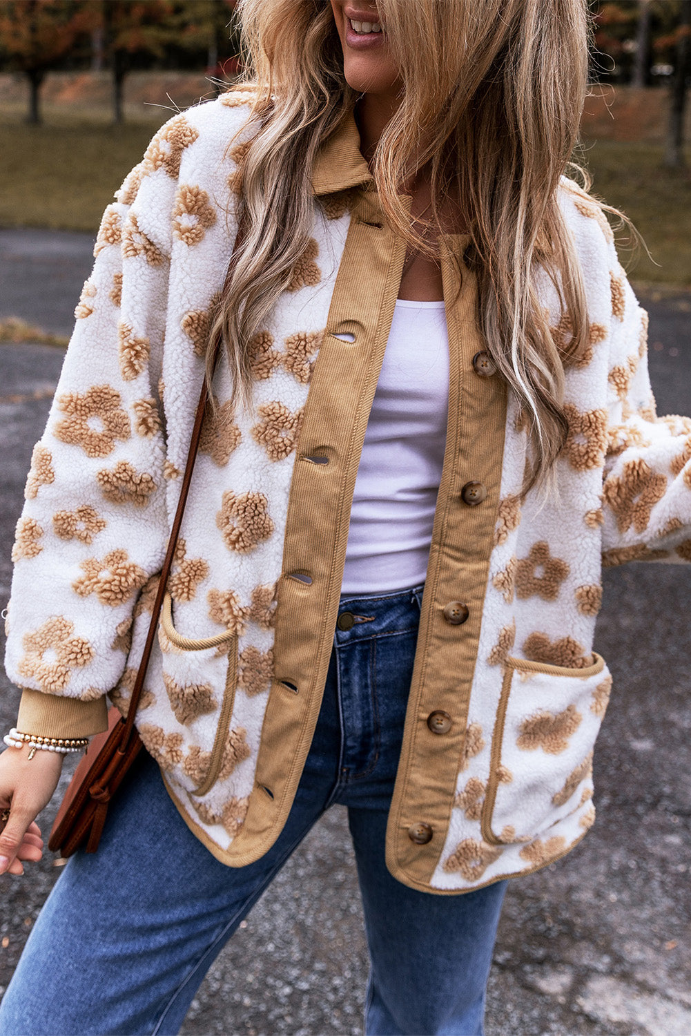 Beige Flower Button Up Fleece Jacket