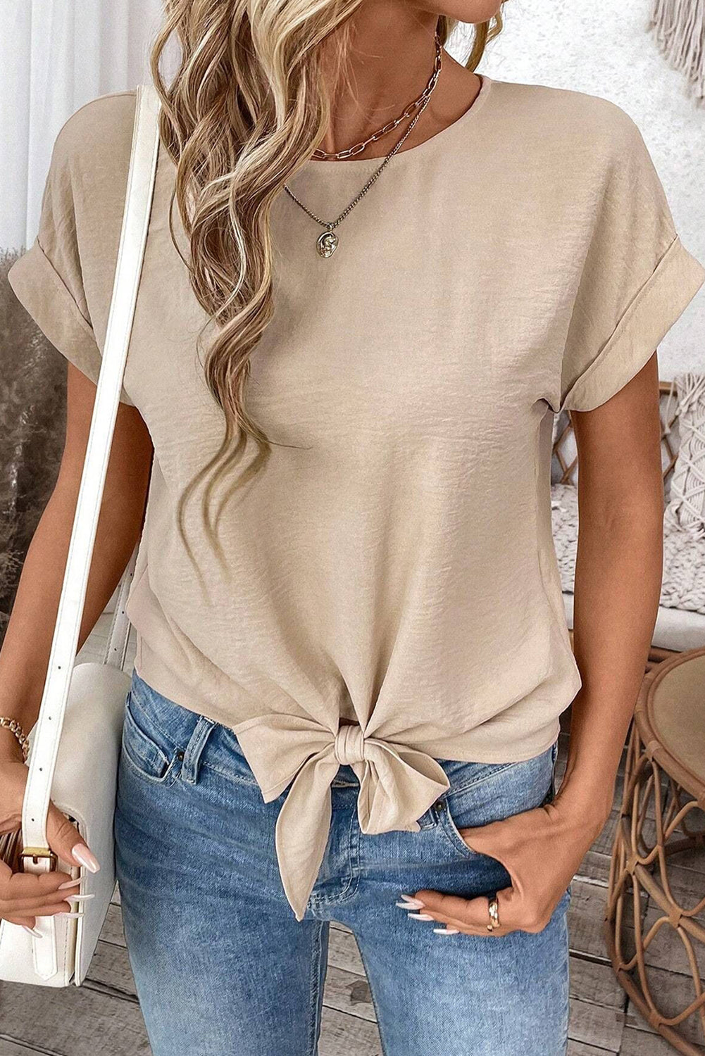 Parchment Knotted Short Sleeve Blouse