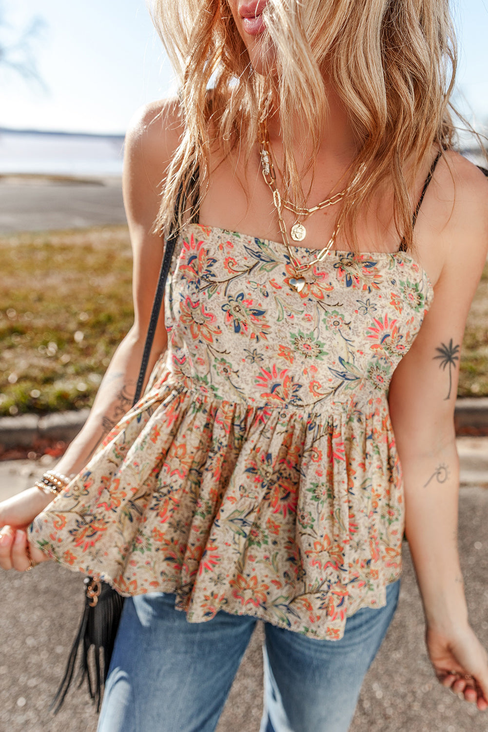 Apricot Floral Ruffled Peplum Top
