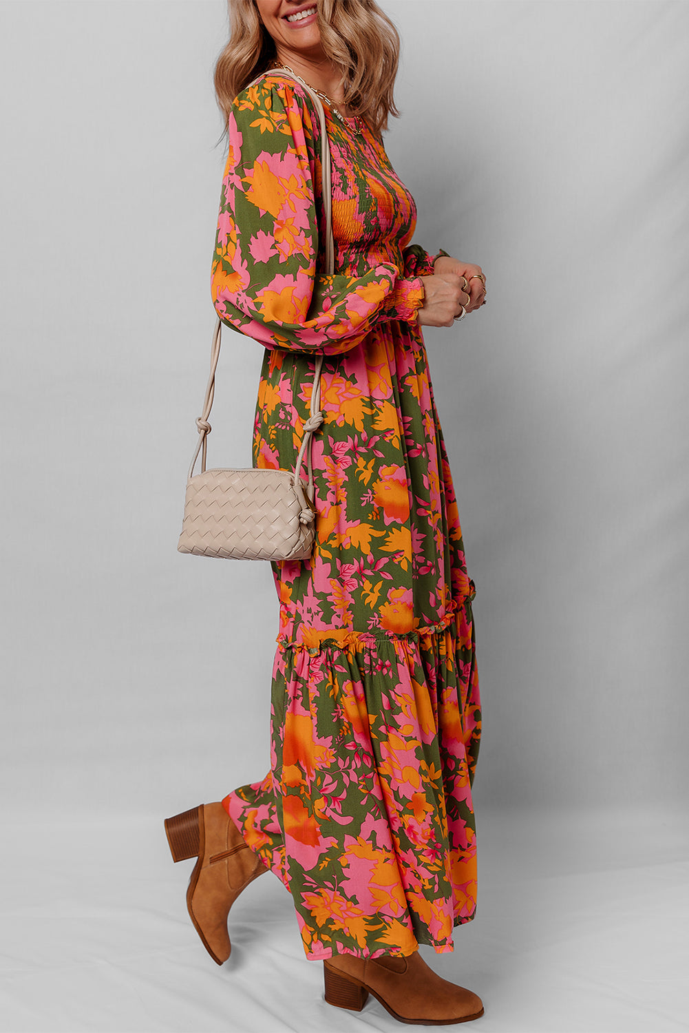 Orange Floral Puff Sleeve Dress