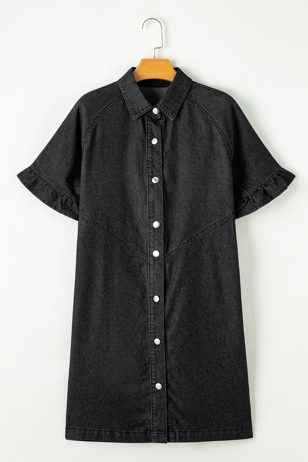 Black Frilled Denim Shirt Dress