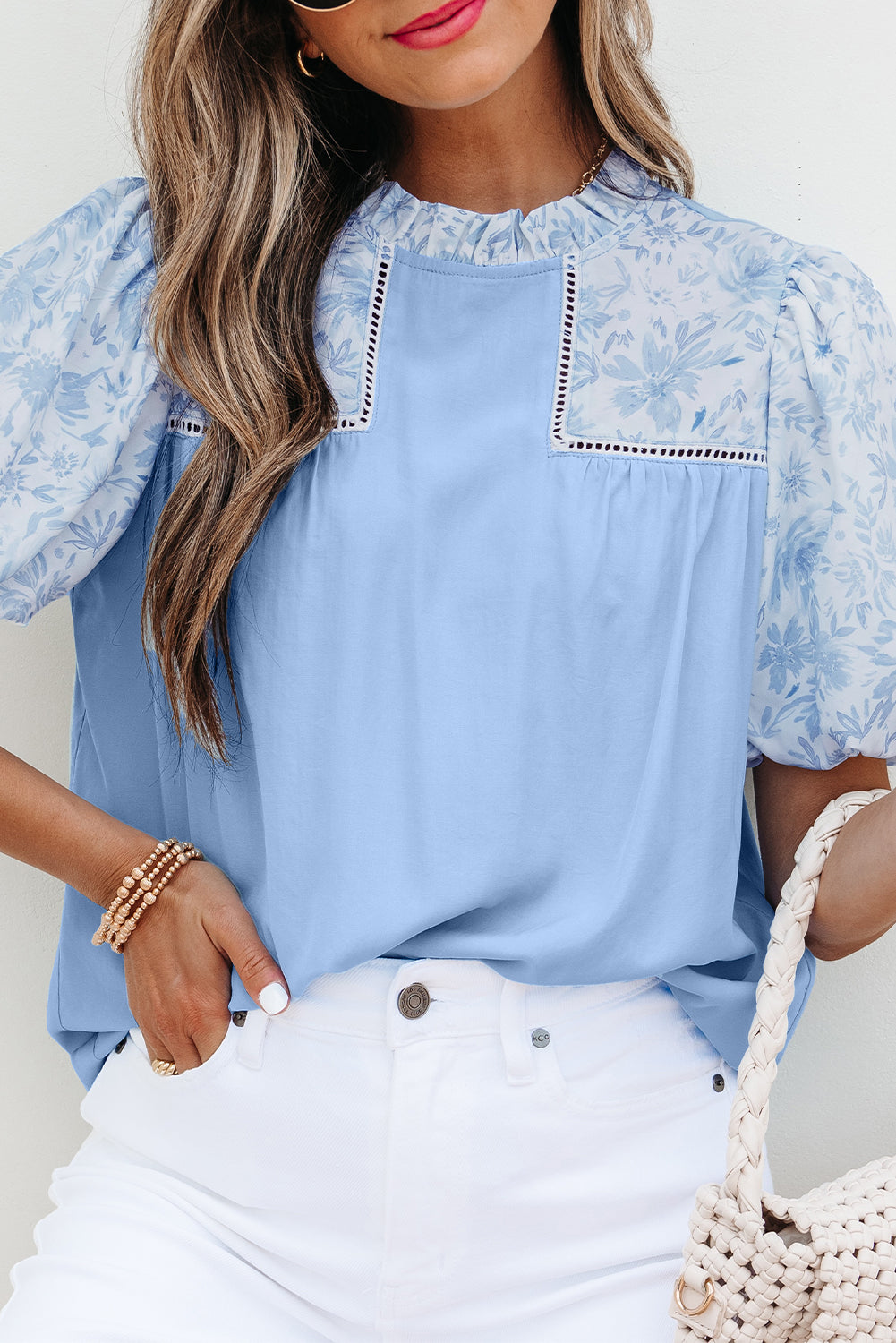 Blue Lace Floral Puff Blouse