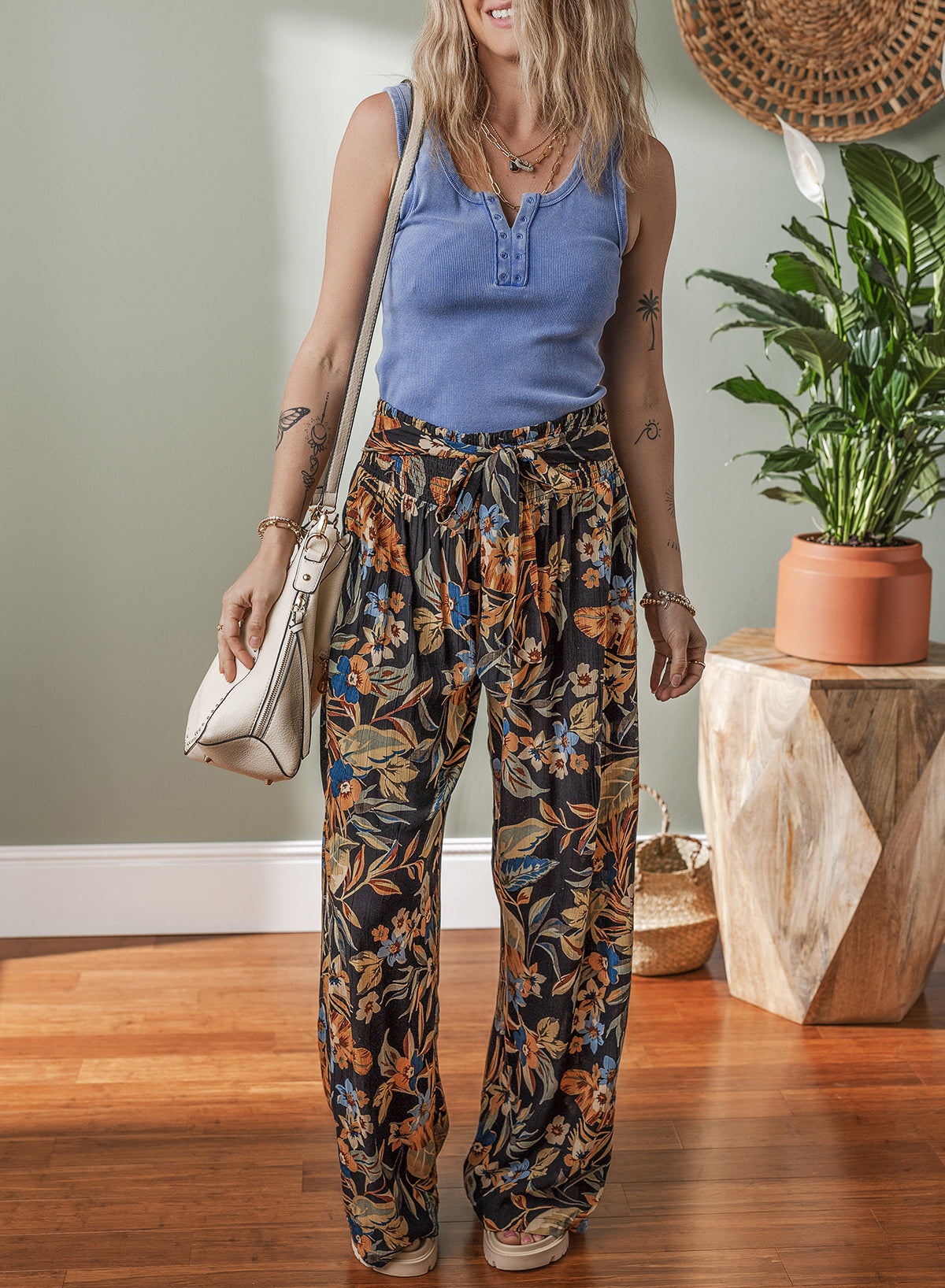 Multicolour Floral Wide Leg Pants with Tie