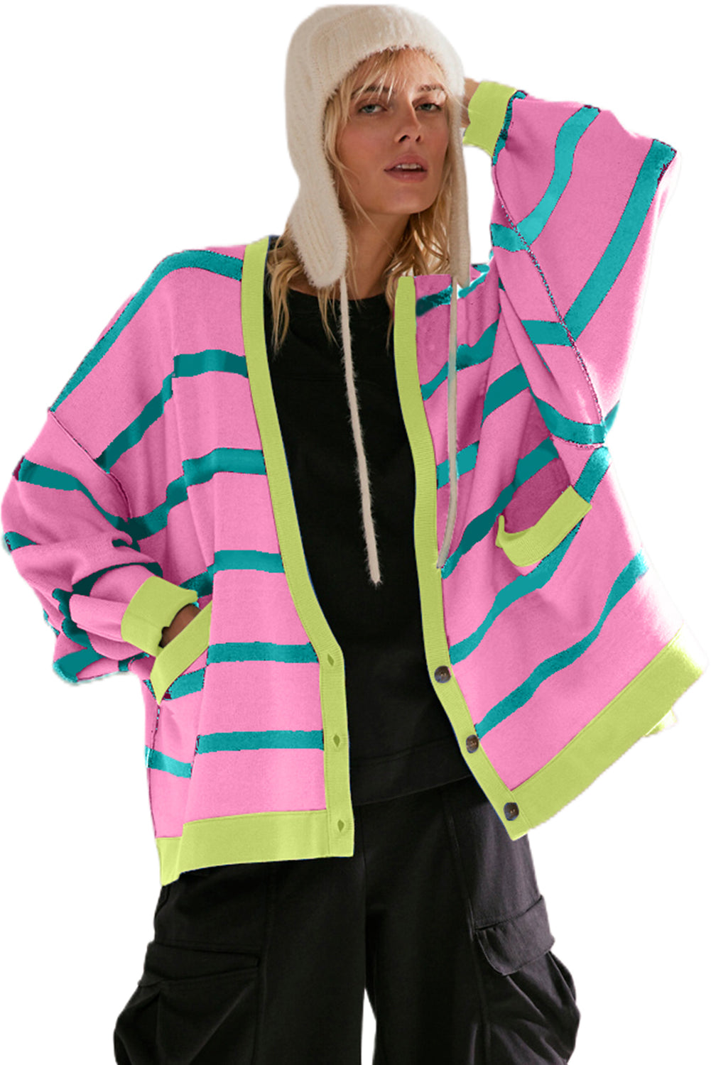 Pink Stripe Colorblock Cardigan