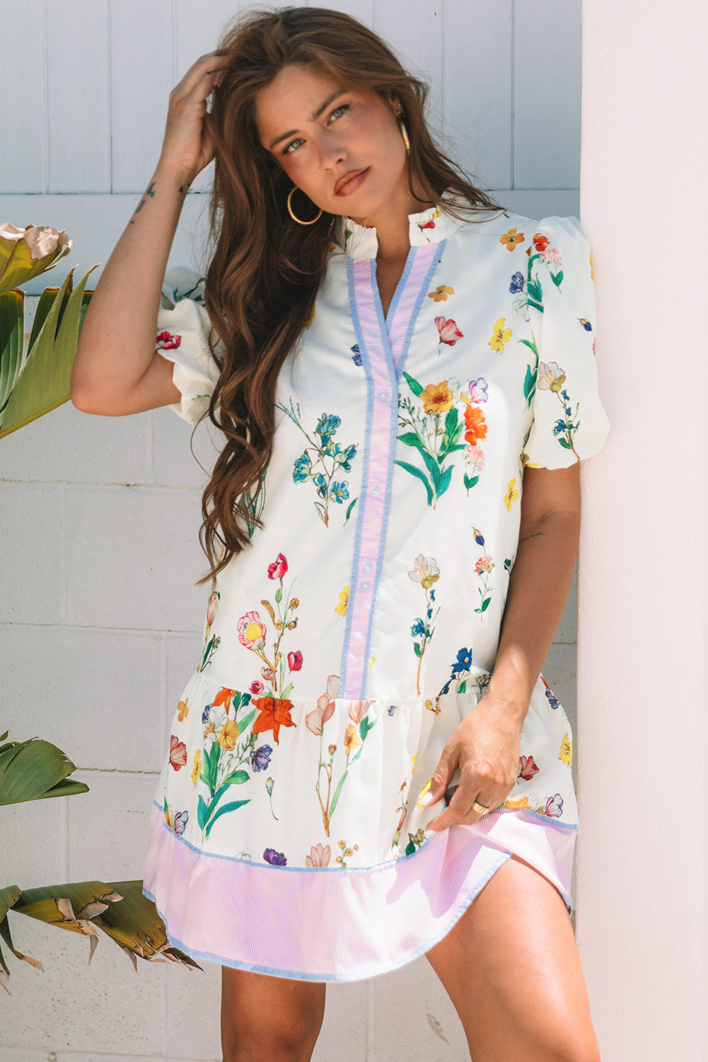 White Floral Print Short Puff Sleeve Dress