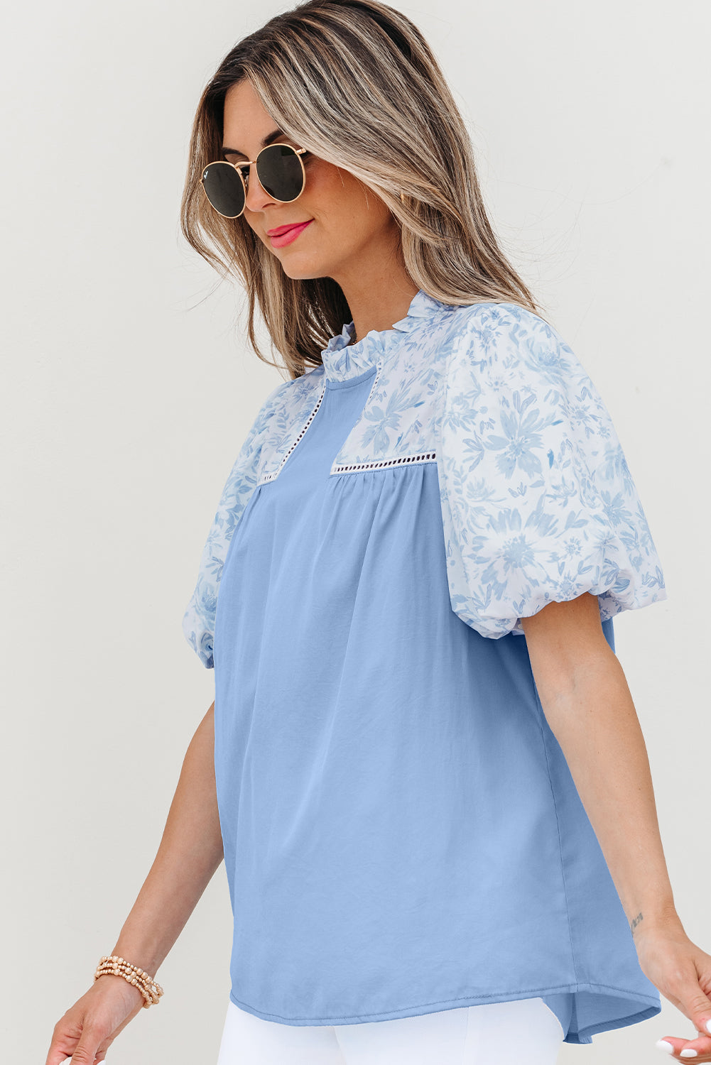Blue Lace Floral Puff Blouse