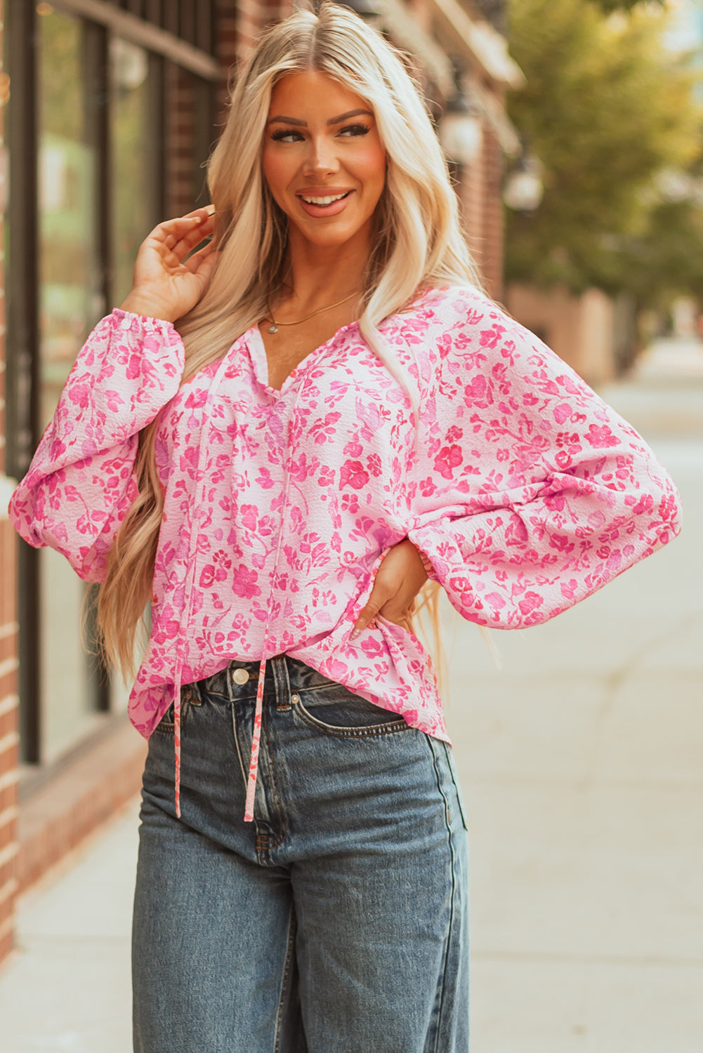 Pink Floral Puff Sleeve Blouse
